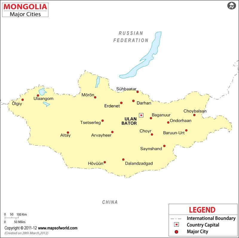 Mongolija kartē ar pilsētām