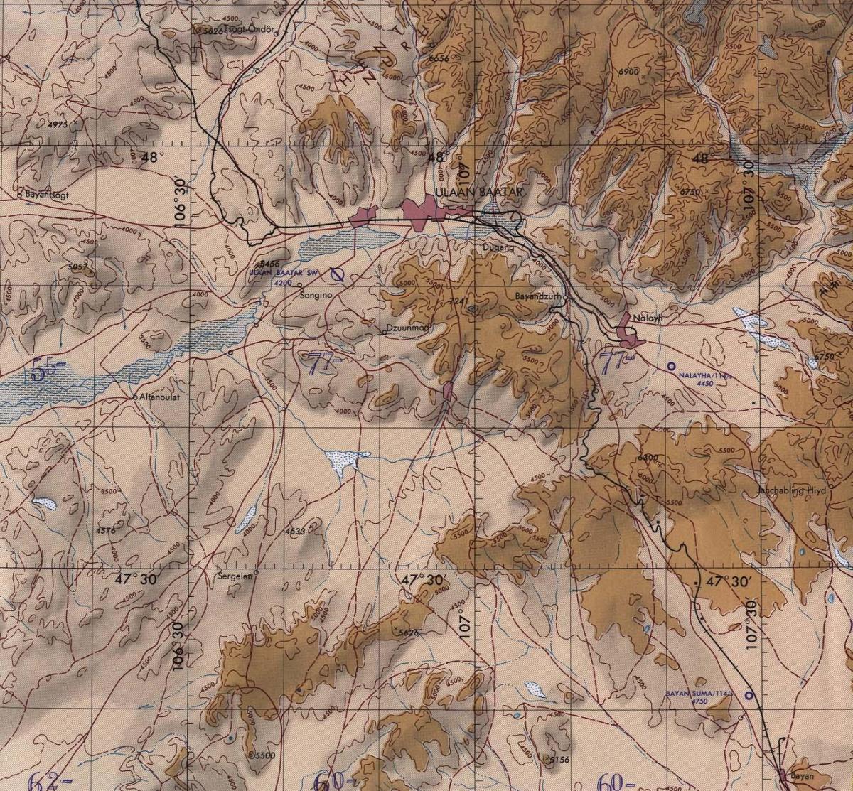 karte Mongolija topogrāfiskās