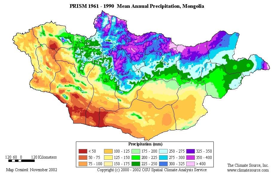 karte Mongolijas iedzīvotāju blīvums